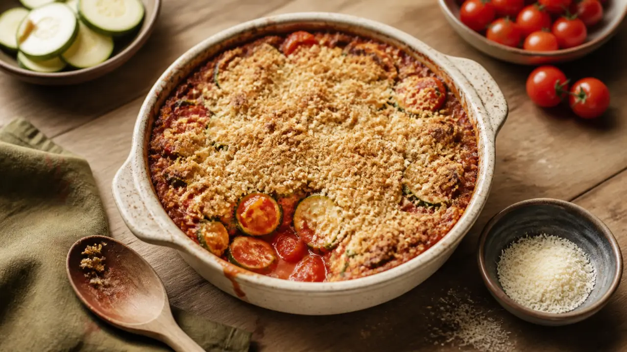 Crumble tomate courgette au parmesan croustillant, plat gratin rustique