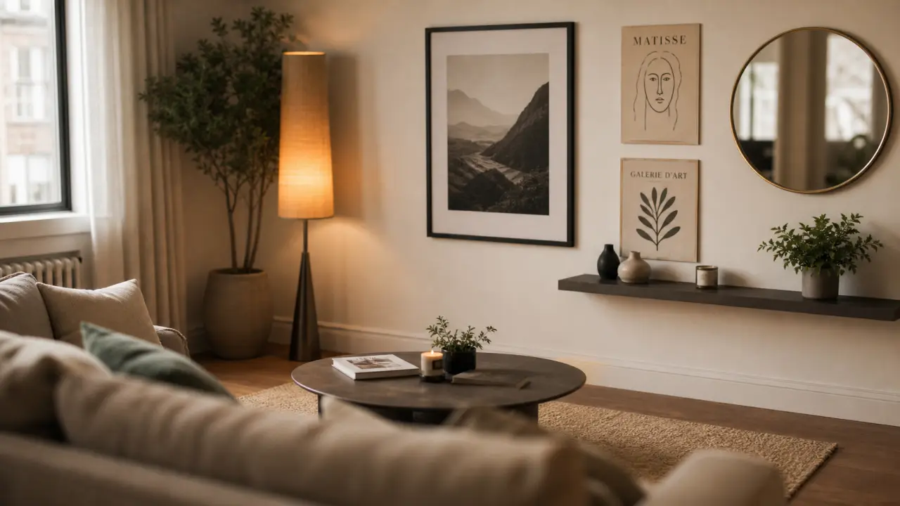 Décorer mur blanc avec cadres, miroir rond et étagère flottante