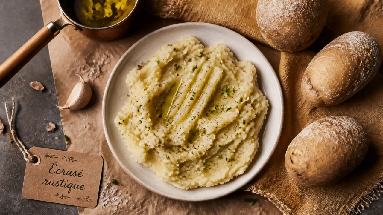 ecrase de pomme de terre rustique, texture et huile d’olive
