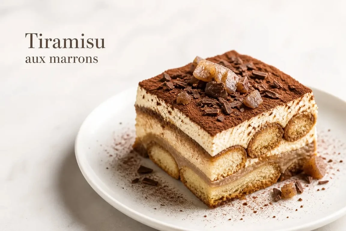 Recette tiramisu aux marrons servi en part nette avec cacao et marrons glacés