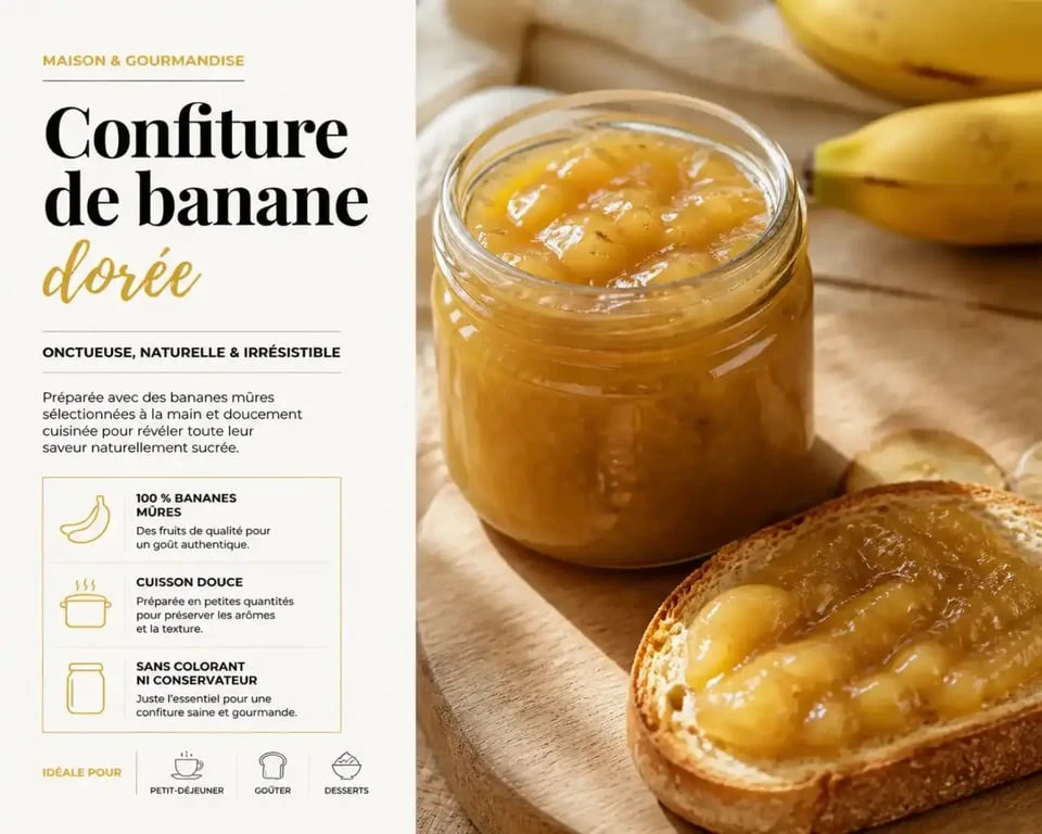 Pot de confiture de banane maison onctueuse sur une table en bois