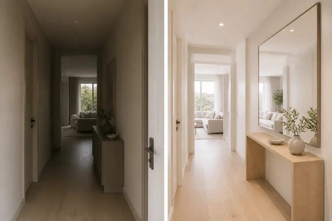 Miroir entree dans une entrée moderne avec effet avant/après sur la luminosité et la profondeur