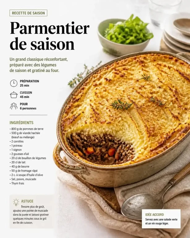 Parmentier de saison généreux et économique pour un repas pas cher pour 12 personnes