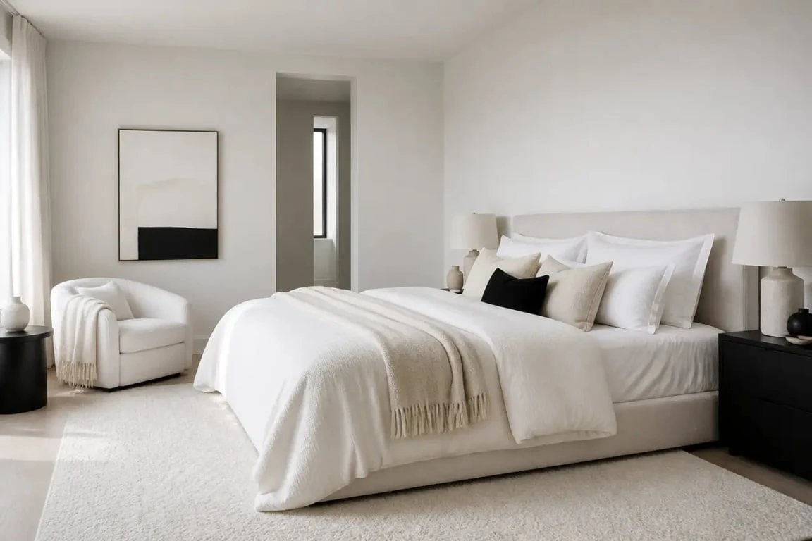 Inspiration noir et blanc chambre avec lit blanc, accents noirs discrets et ambiance apaisante