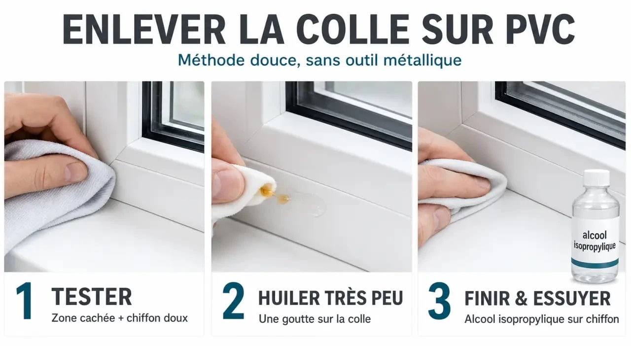 Enlever colle sur pvc fenetre : étapes douces avec huile, chiffon et alcool isopropylique