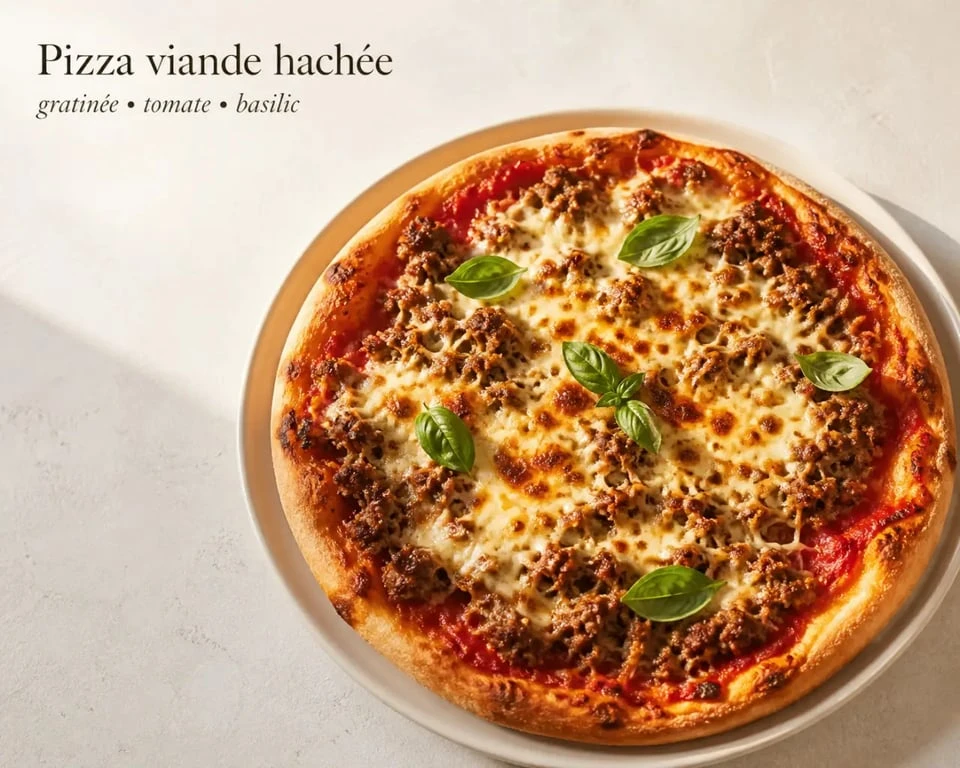 Pizza viande hachée généreuse et gratinée, servie chaude