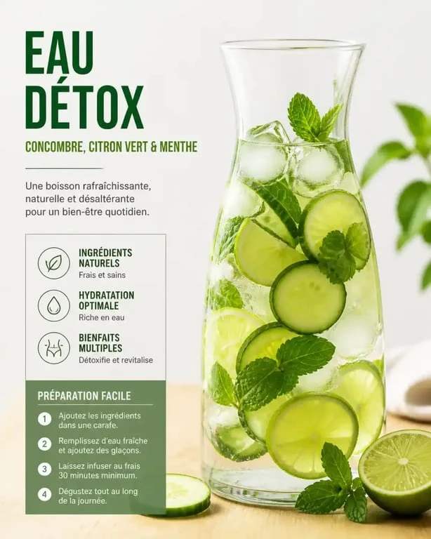Carafe d'eau aromatisée maison au concombre, citron vert et menthe pour aromatiser l'eau naturellement