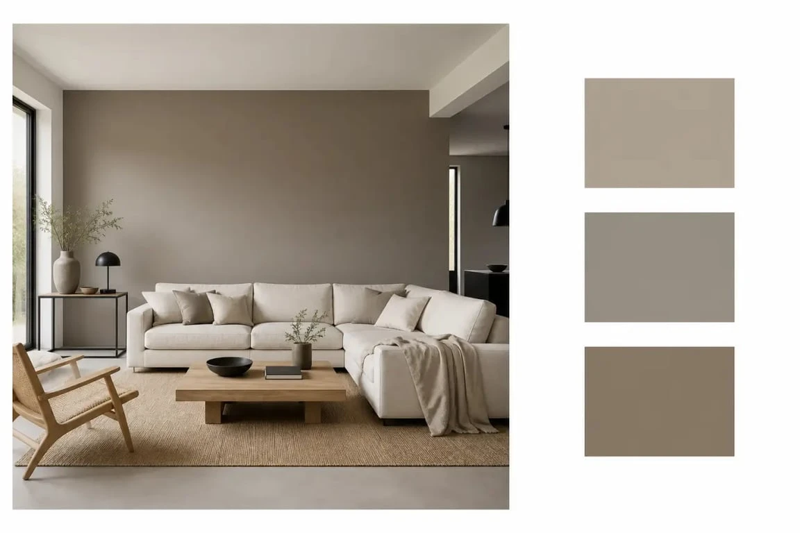 Peinture taupe dans un salon décoré avec des nuances taupe clair, taupe gris et taupe brun