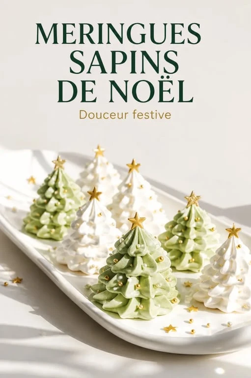 Meringue de noel en forme de sapins décorés sur une assiette de fête