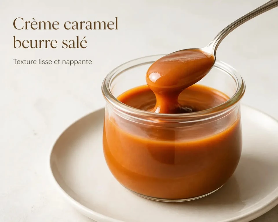 Crème au caramel beurre salé lisse et brillante dans un pot en verre