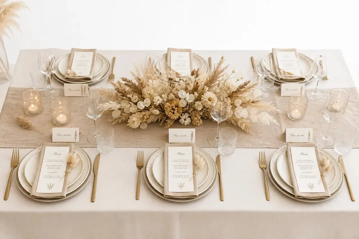 Décoration table mariage élégante avec chemin de table, fleurs séchées, photophores et papeterie assortie