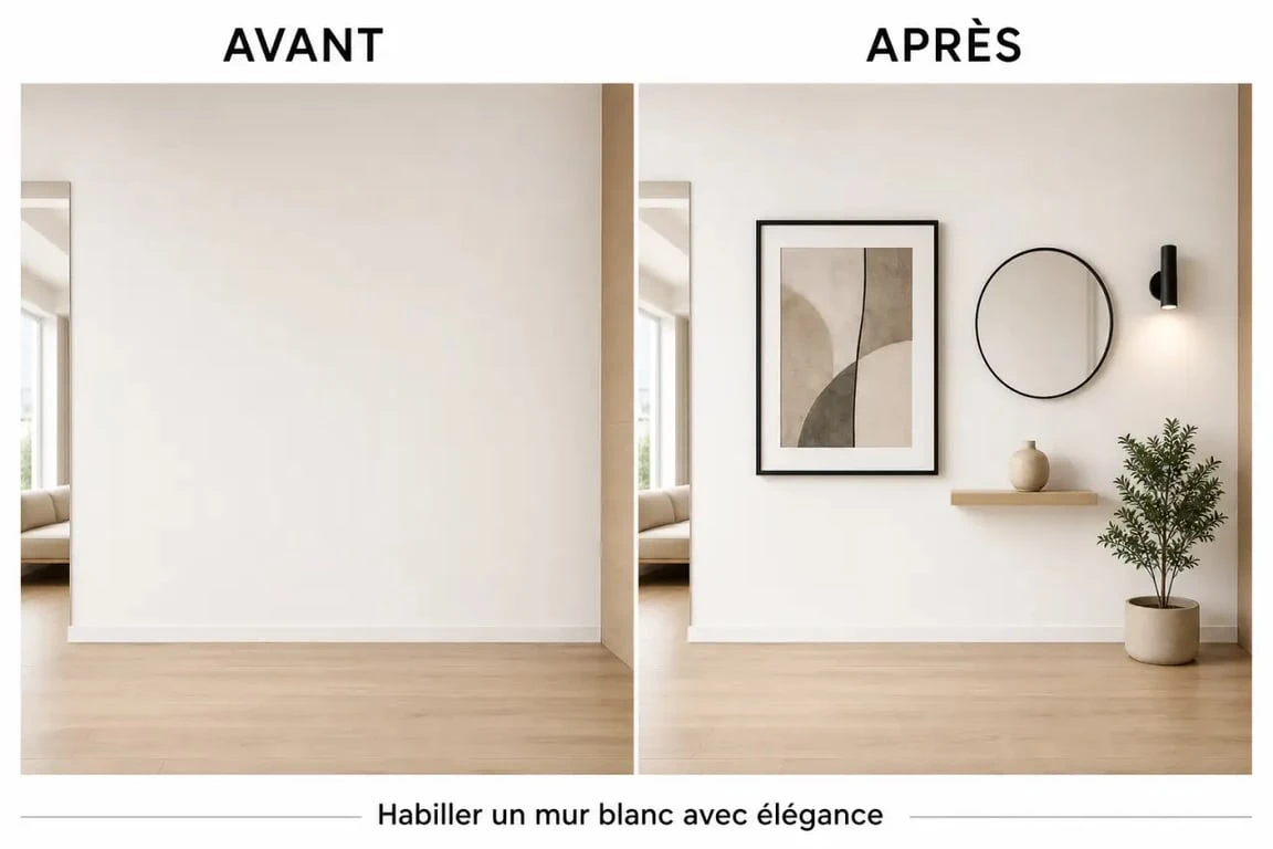 Idée pour décorer mur blanc dans un salon avec cadre, miroir et étagère flottante