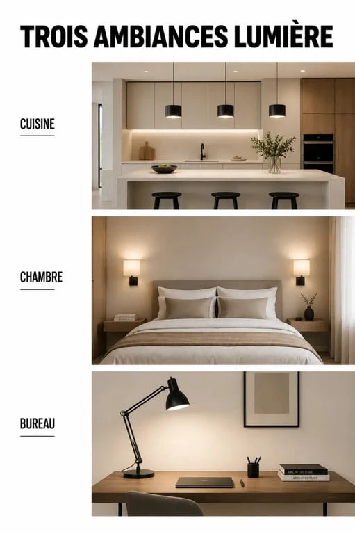 Luminaire design pour cuisine, chambre et bureau dans une composition éditoriale