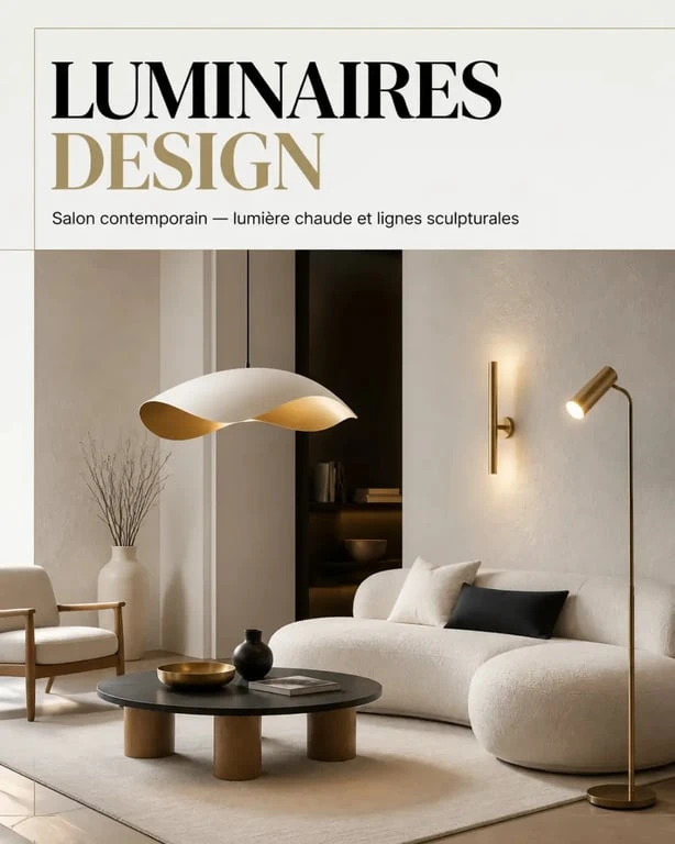 Luminaire design dans un salon contemporain avec suspension sculpturale et lampadaire minimaliste