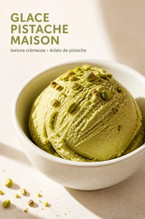 Glace pistache maison crémeuse servie en coupe avec éclats de pistache