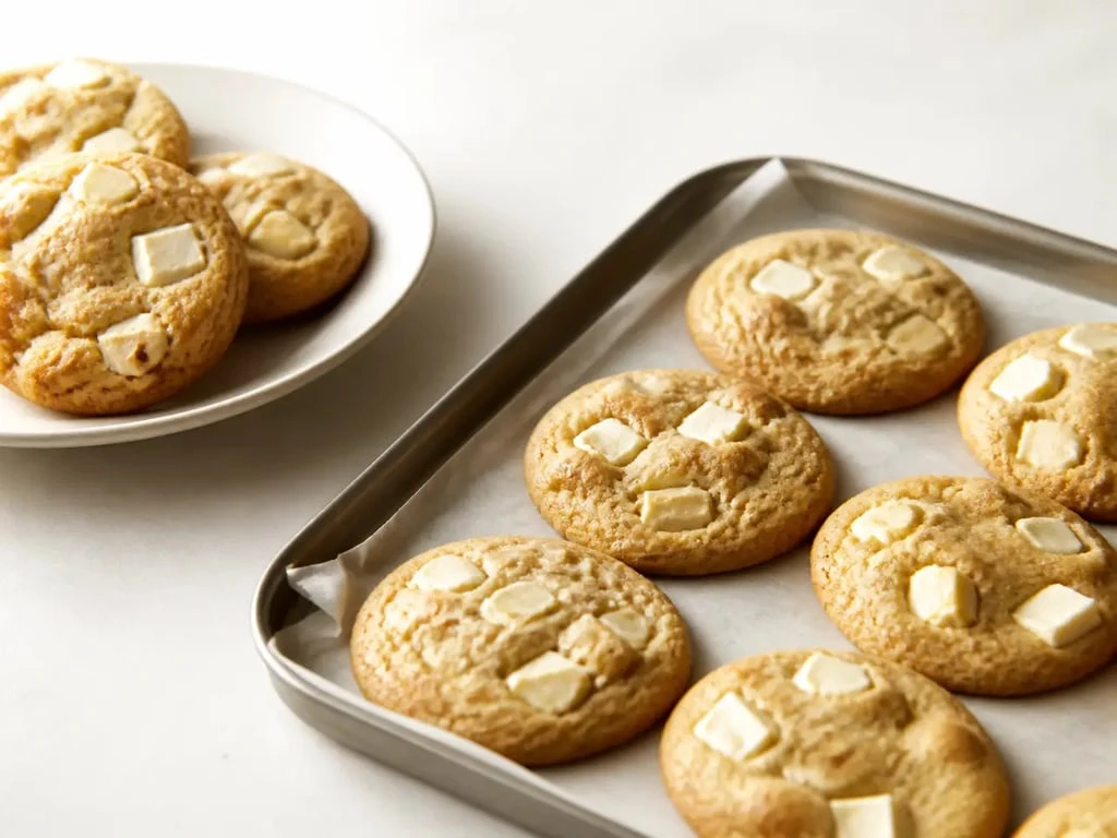 Cookie chocolat blanc moelleux et doré, présenté en gros plan sur une assiette