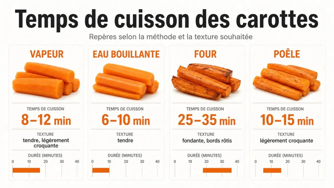 Temps pour cuire des carottes selon la méthode et la texture attendue