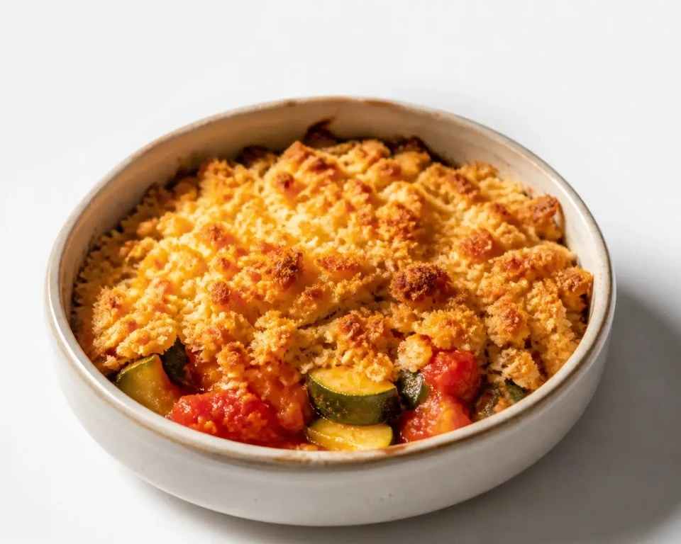 Crumble tomate courgette doré et croustillant servi chaud dans un plat rustique
