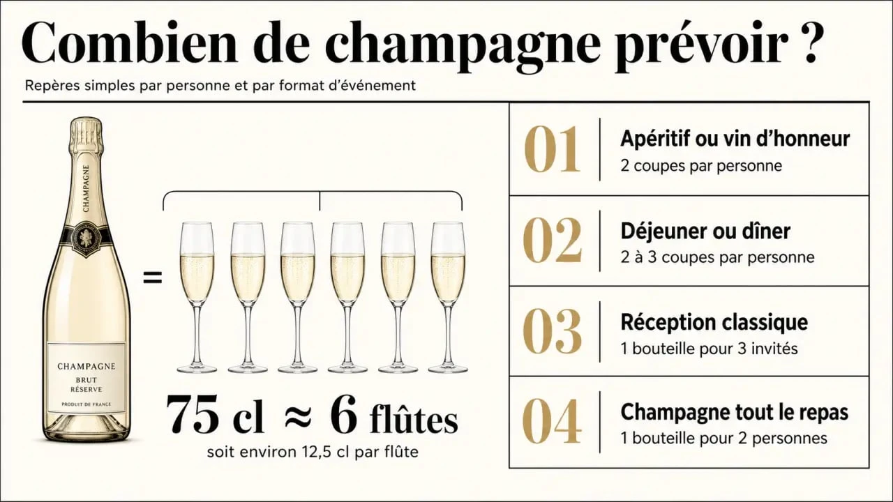 Combien de champagne par personne, visuel de conversion entre bouteilles et coupes pour un événement