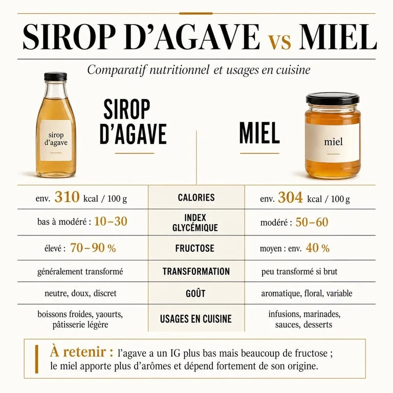 Sirop d agave ou miel : visuel comparatif des calories, de l’index glycémique et des usages