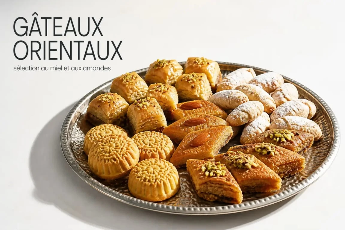 Gâteau oriental assorti avec baklava, makrout, cornes de gazelle et basboussa sur un plateau de fête