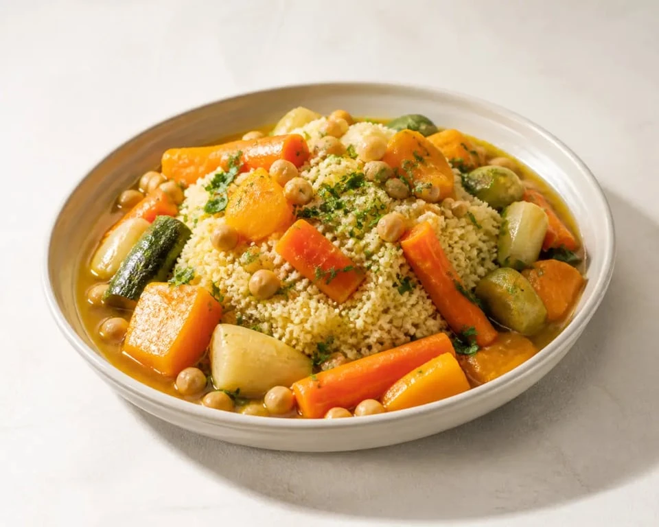Recette couscous legumes recette servie dans un grand plat familial avec légumes et pois chiches