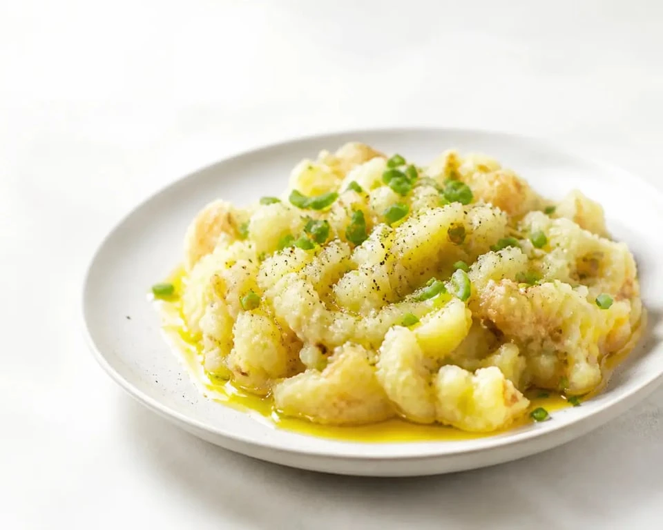 Écrasé de pomme de terre rustique servi chaud avec ciboulette