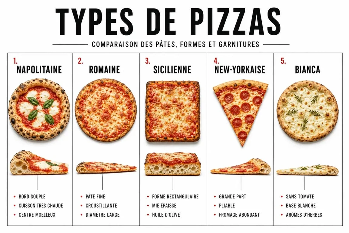 Types de pizzas illustrés dans une comparaison visuelle des styles napolitain, romain, sicilien et new-yorkais