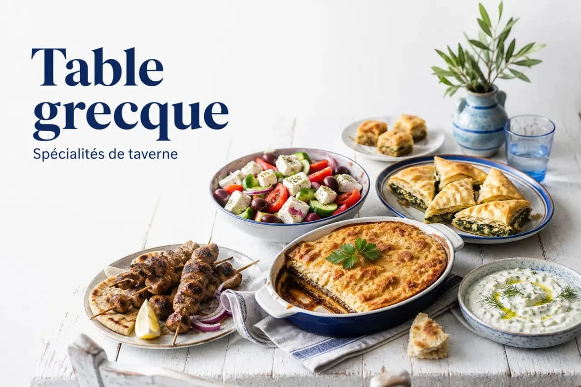 Spécialités grecques sur une table de taverne avec moussaka, souvlaki, salade choriatiki, tzatziki et baklava