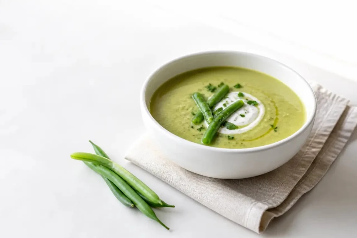 Recette soupe haricots verts servie en bol avec crème et persil