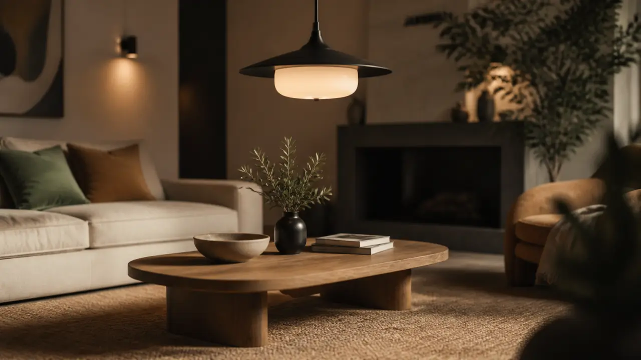 Luminaire design : suspension verre opalin métal noir, salon contemporain