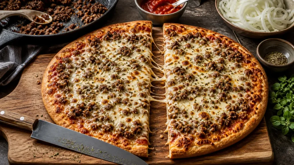 Pizza viande hachée : précuire la viande, doser la tomate et cuire à 240 °C
