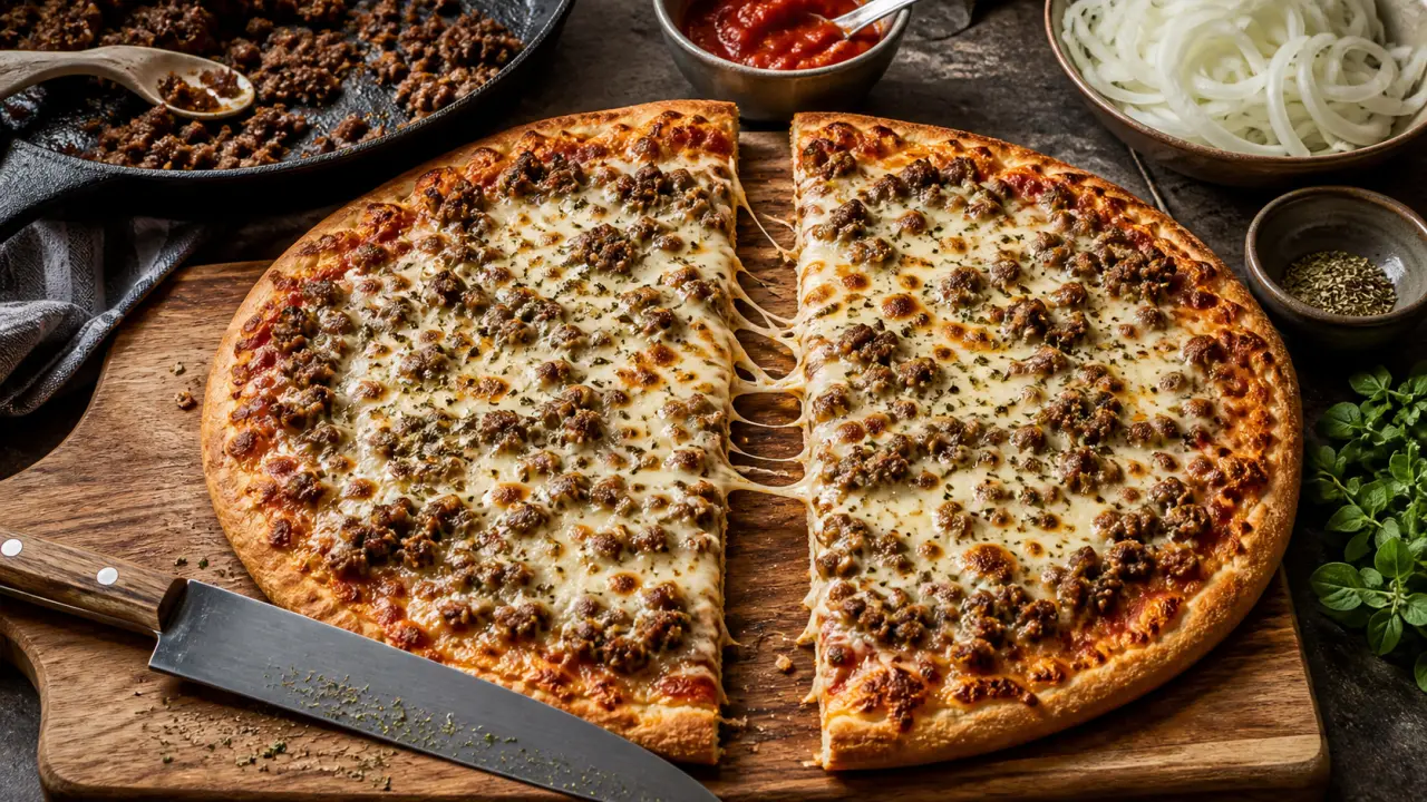 Pizza viande hachée sortie du four, fromage gratiné