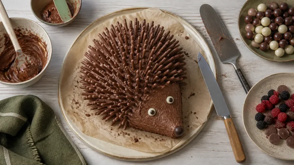 Recette gâteau hérisson facile : mikados, crème chocolat et forme stable sans moule spécial