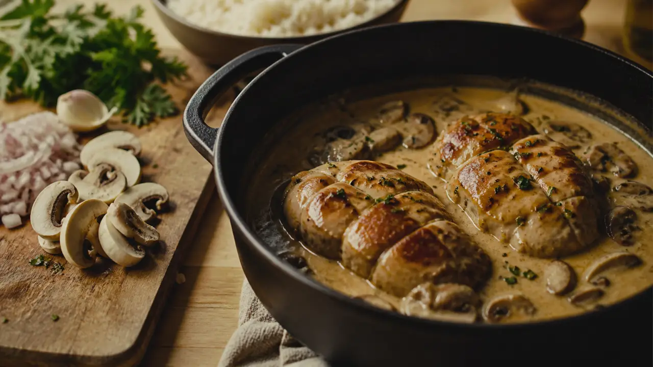 Recette paupiette de poulet crème et champignons, cocotte en fonte, sauce onctueuse