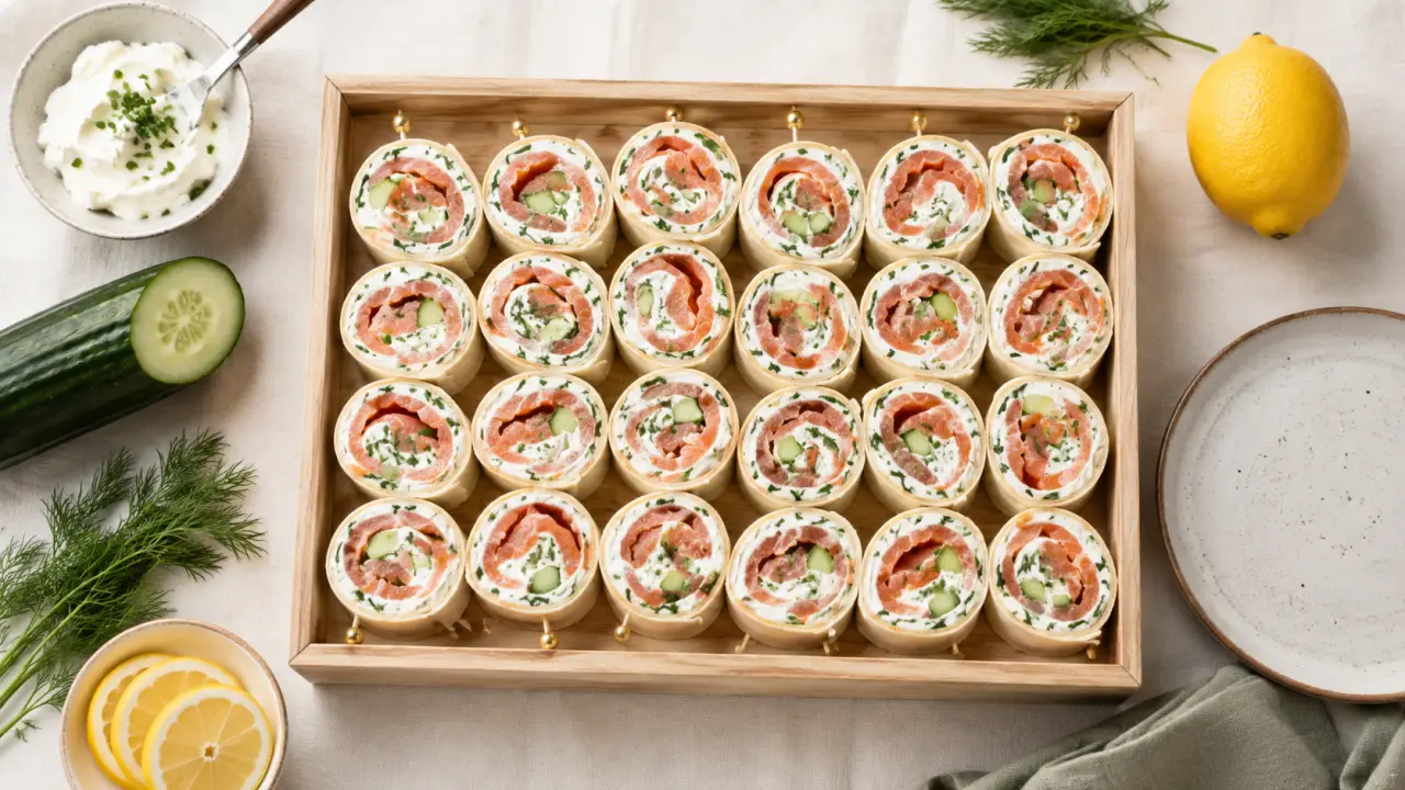 Apéro wrap mini-wraps saumon fumé et fromage frais sur plateau bois