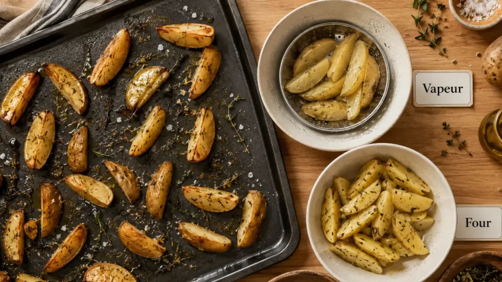 Cuire des pommes de terre à l’eau froide, à la vapeur ou au four selon la texture recherchée