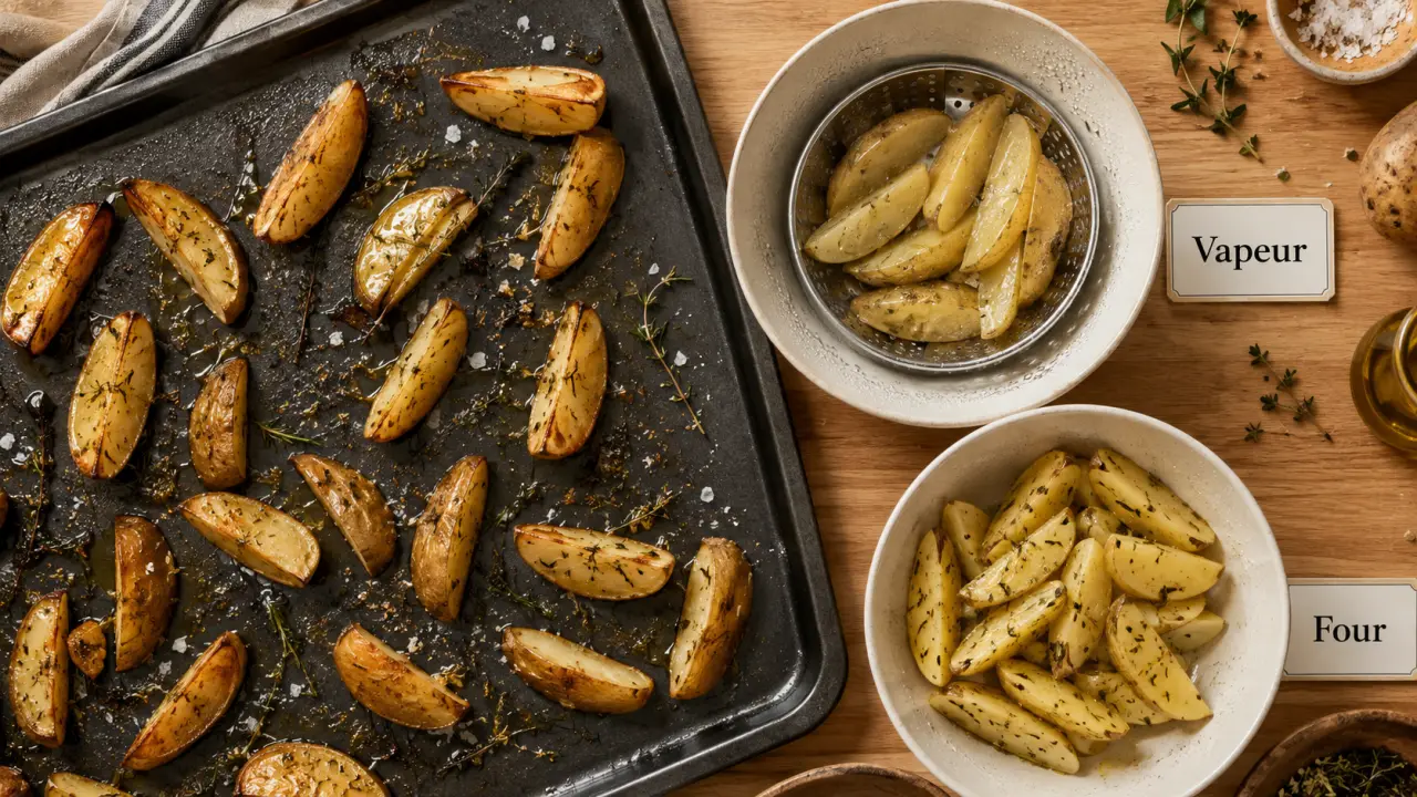 Cuire des pommes de terre vapeur et four, quartiers dorés