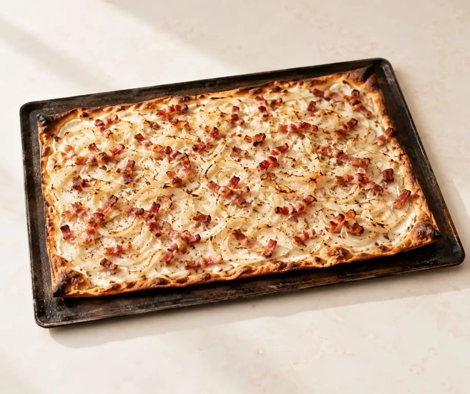Pâte flammekueche fine et croustillante sur une tarte flambée alsacienne