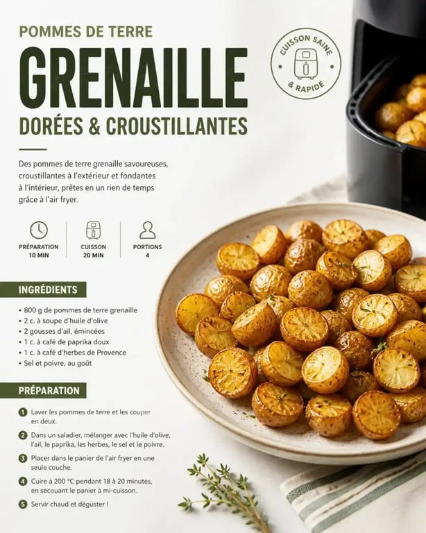 Pommes de terre grenaille croustillantes cuites au air fryer dans une assiette.