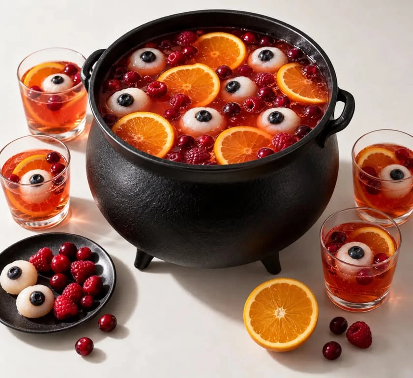 Punch cocktail Halloween familial rouge orangé avec yeux de litchi et myrtilles
