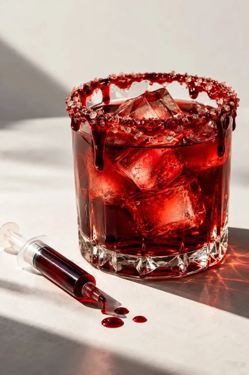Cocktail Halloween rouge sang à la vodka avec décoration de coulis de fruits rouges