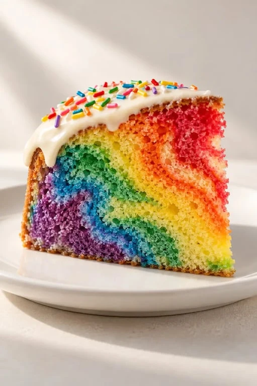Recette de gâteau arc-en-ciel facile et rapide, coupé sur une assiette blanche