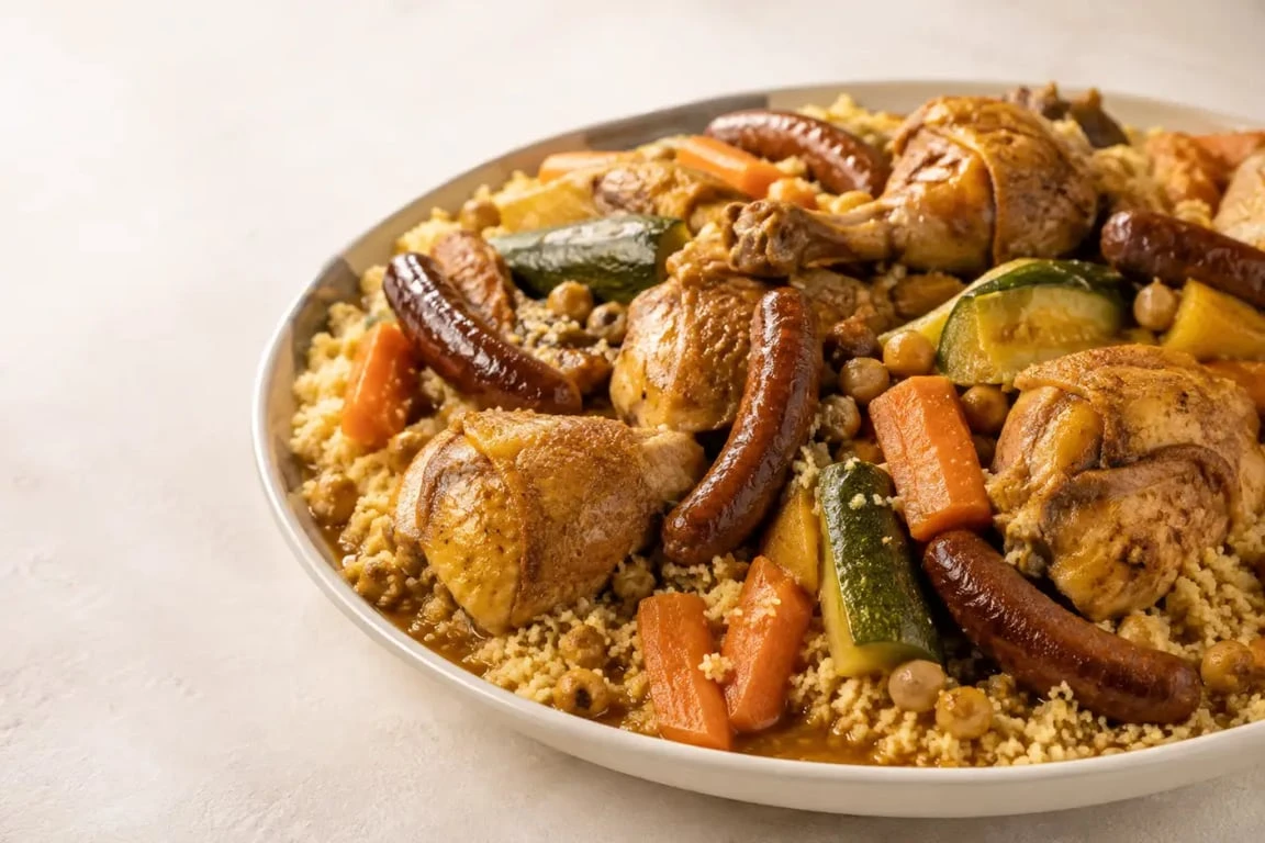 Recette du couscous poulet merguez servi dans un grand plat familial