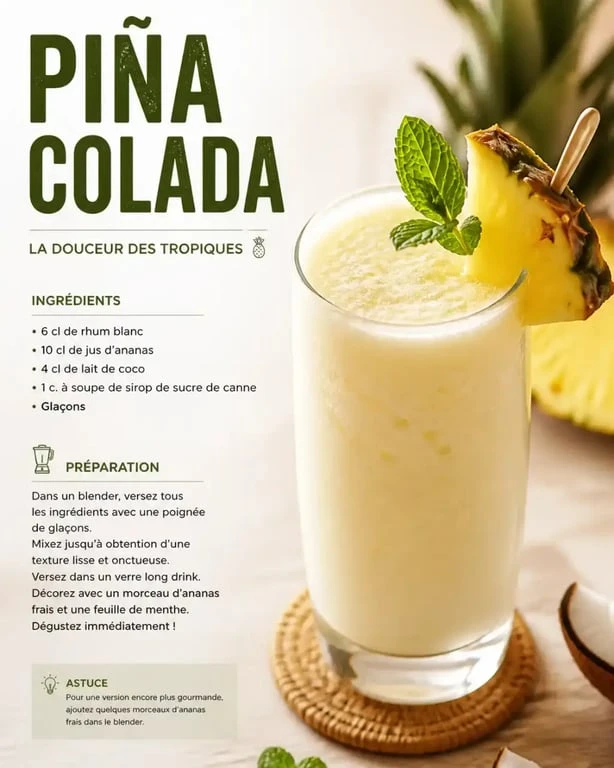 Recette pour pina colada onctueuse servie dans un verre long drink avec ananas frais