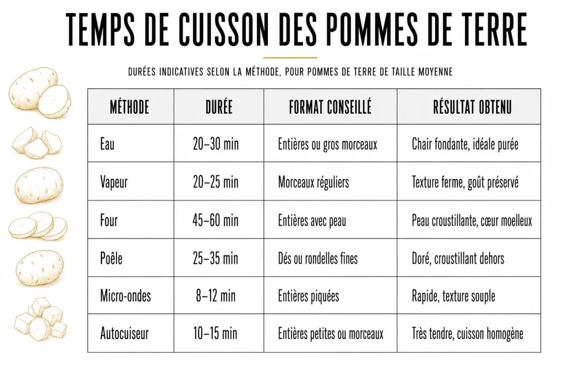 Cuire des pommes de terre : tableau comparatif des temps de cuisson selon la méthode