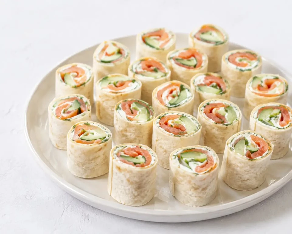 Apéro wrap saumon, fromage frais et concombre sur plateau convivial