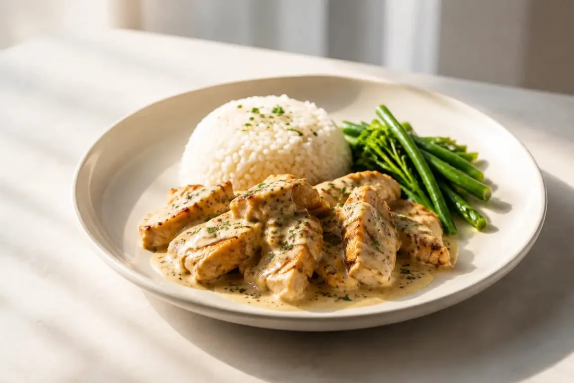 Recette d'aiguillettes de poulet à la crème et à la moutarde servies avec du riz