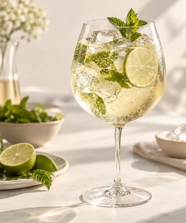 Recette Hugo Spritz servi dans un verre ballon avec menthe, citron vert et glaçons