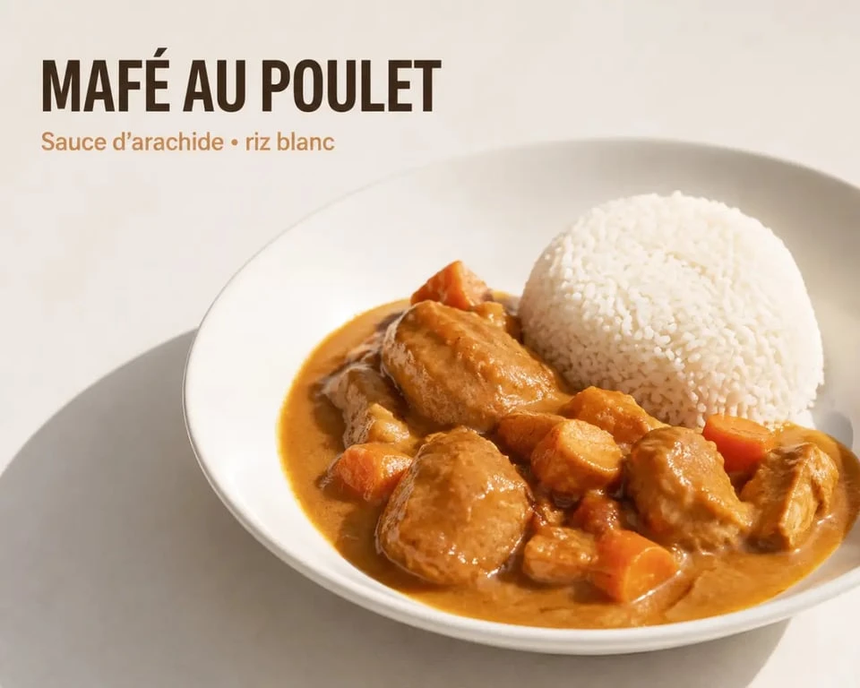 mafe recette au poulet servi avec riz et sauce d’arachide onctueuse